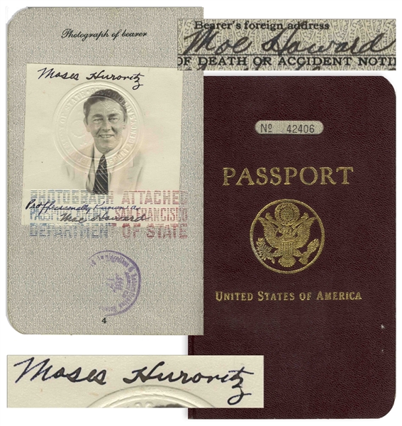 Moe Howard's Passport From 1939, Used for His Trip to the United Kingdom to Perform With The Three Stooges -- Signed Six Times, as Both Moe Howard & Moses Hurovitz